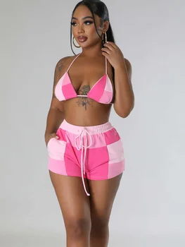 Cutubly Ružovú Sexy Dovolenku Oblečenie Pre Ženy, Koberčeky Patchwork S Uväzovaním Za Podprsenka Top A Šortky Sady Príležitostné Letné Plážové Oblečenie Strany Klubu