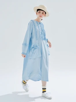 IMAKOKONI originálny dizajn Jeseň zima dlhý rukáv šaty na Tenké čipky patchwork voľné bežné modré kockované košele, šaty 234253