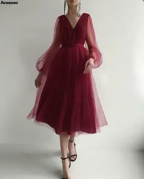 Letné novej dámskej módy bežné sexy hlboké V gázy bublina rukáv dlhý rukáv štíhly pás šaty