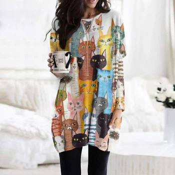 Ženy mačka vzor svetre dlhé vrecko módne topy dámske ležérne dlhý rukáv pulóver žena pohodlné streetwear blúzky