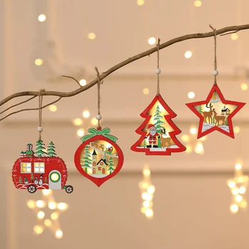 Drevené Vianočné Prívesok So Svetlom Vianočný Stromček Svietiť, Závesné Ozdoby Farebné Pentagram Auto Svetelný Prívesok Dovolenku Dodávky
