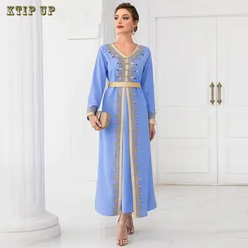 Moslimské Arabských Svetlo Modrá Ručne Šité Diamond S Dlhým Rukávom Šaty Na Jar Cestovanie Elegantné A Módne Dubaj Dlho Maxi Šaty