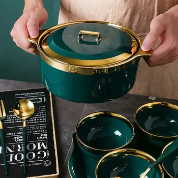 Zelený keramický riad nastaviť pet kolo kostného porcelánu riad nastaviť polievka misky, lyžice zásobník s krytom domácnosť, kuchynské potreby