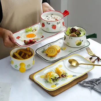 Japonský Rukoväť Keramické Misy Raňajky Miska a Tanier Domov Tvorivé Jahodový Šalát Miska Jedna Osoba Večera Jedlo Nastaviť