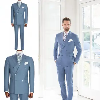 Svadobné Obleky Pre Mužov 2022 Svetlo Modrá Dvojité Breasted Muž Blejzre Slim Vybavené Business Štýle Kostým Formálne Oblečenie 2 Kusy