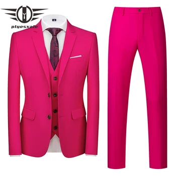 Plyesxale Rose Červené Muži Obleky Pre Svadbu 3 Kusy Vysokej Kvality 5XL 6XL Muž Obleku Slim Fit Business Večera Obleky Mužov Q1019