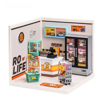 Drevené 3D Puzzle DIY Model Budovy Súpravy Mini Doll House Energie ponuky Obchodu Plastové Miniatúrne Dom Auta