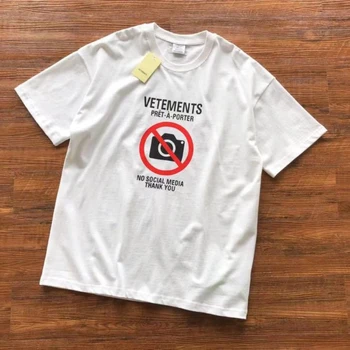 ŽIADNE SOCIÁLNE MÉDIÁ VETEMENTS T Shirt Muži Ženy Nadrozmerná Ťažké Tkanina Bavlna Biela VTM Logo Tee Top vo Vnútri Značky Vetement Homme