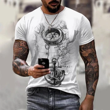 Retro pánske T-shirt Lete Krátky Rukáv O-krku 3D Kotvy Tlače Top Tee Tričko Nadrozmerné Oblečenie pre Mužov Bežné Streetwear