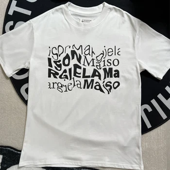 MM6 Čistej Bavlny T-Shirt Graffiti Osobný List, Tlač Vysokej Ulici okolo Krku Extra Veľké Top Krátky Rukáv