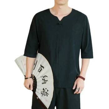 Čínsky Štýl T-shirt pánske Bežné Retro Pracky Voľné Jednoduché Rukáv Sedem-bod Rukáv Bavlnená posteľná Bielizeň Tričko Mužov