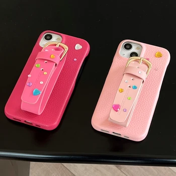In Pink Rose Liči Vzor Kožené šnúrky na Zápästie Telefón puzdro pre IPhone 14 Pro Max 13 12 11 Kryt Nálepky Vŕtačka