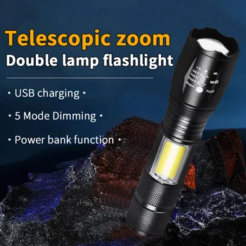 LED baterka Núdzové nabíjanie pomocou pripojenia USB bočné svetlo teleskopická zoom baterka