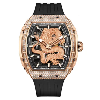 BONEST GATTI Mužov Automatické Hodinky Luxusné Tonneau Mechanické Náramkové hodinky Vodotesné Sapphire Luminou Fluororubber Popruh Dragon Dial
