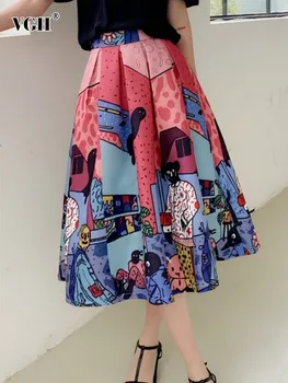 VGH Hit Farba Anime Tlač Bežné Sukne Pre Ženy, Vysoký Pás Záhyby Riadok Voľné Streetwear Sukne Ženské Módne Oblečenie Nové